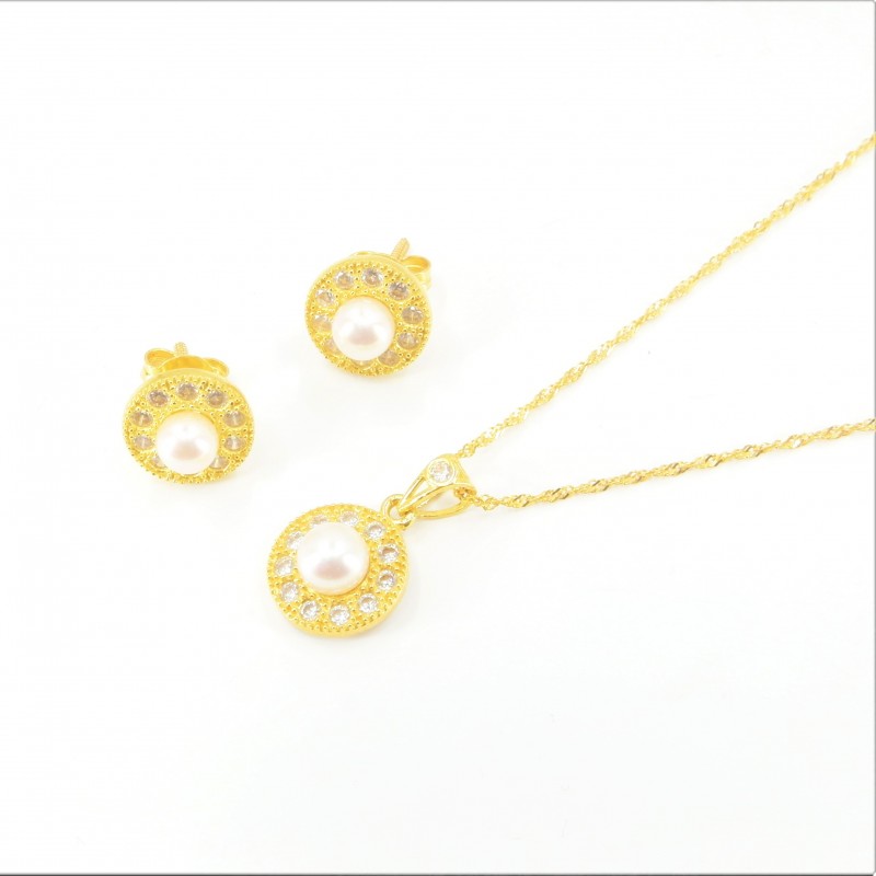 Freshwater Pearl and Millgrain C/Z Halo Pendant Set - 1