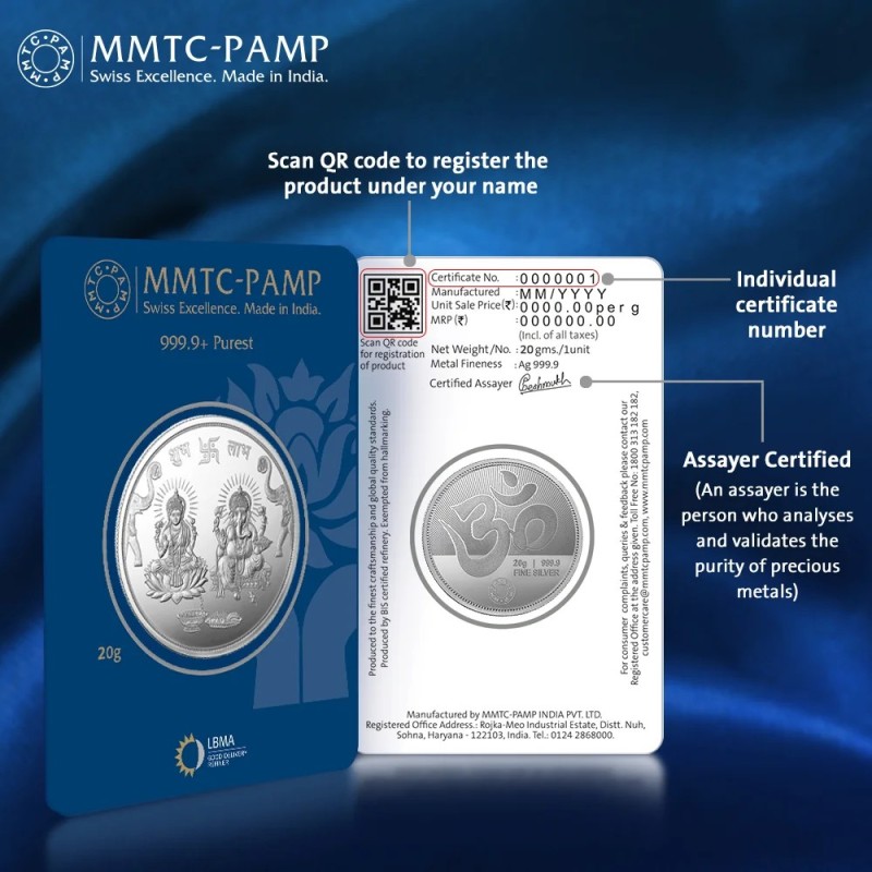 20 grams Ganesh Lakshmi Silver Coin by MMTC-PAMP